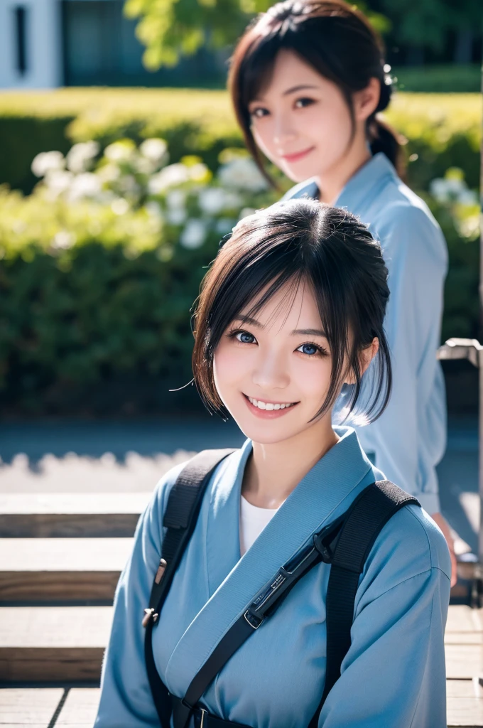 "A japanese girl, 25 years old, with a short black hair tied in a ponytail,her has dark blue eyes, police, smiling,Fujifilm XT3, bright day, Beautiful lighting, RAW photo, 8k uhd, film grain, ((bokeh)),look at camera ,