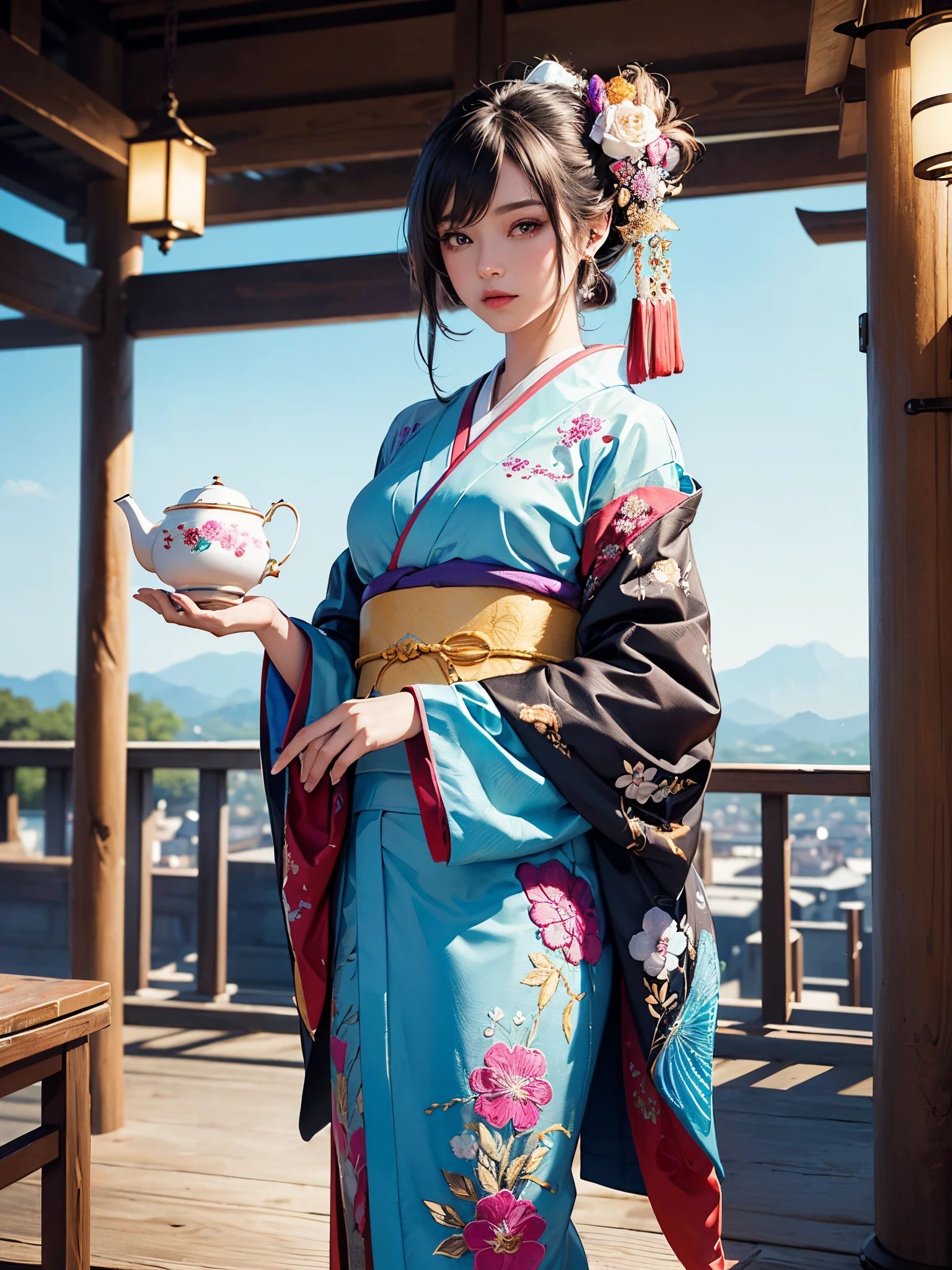 (masterpiece, top quality, best quality, official art, beautiful and aesthetic:1.2), (1girl),elaborate costume(Luxurious Japan kimono(Colorful kimono(detailed embroidery))), extreme detailed,(Fractal art),colorful,highest detailed,昼間のWestern castle in the background,having a tea party,