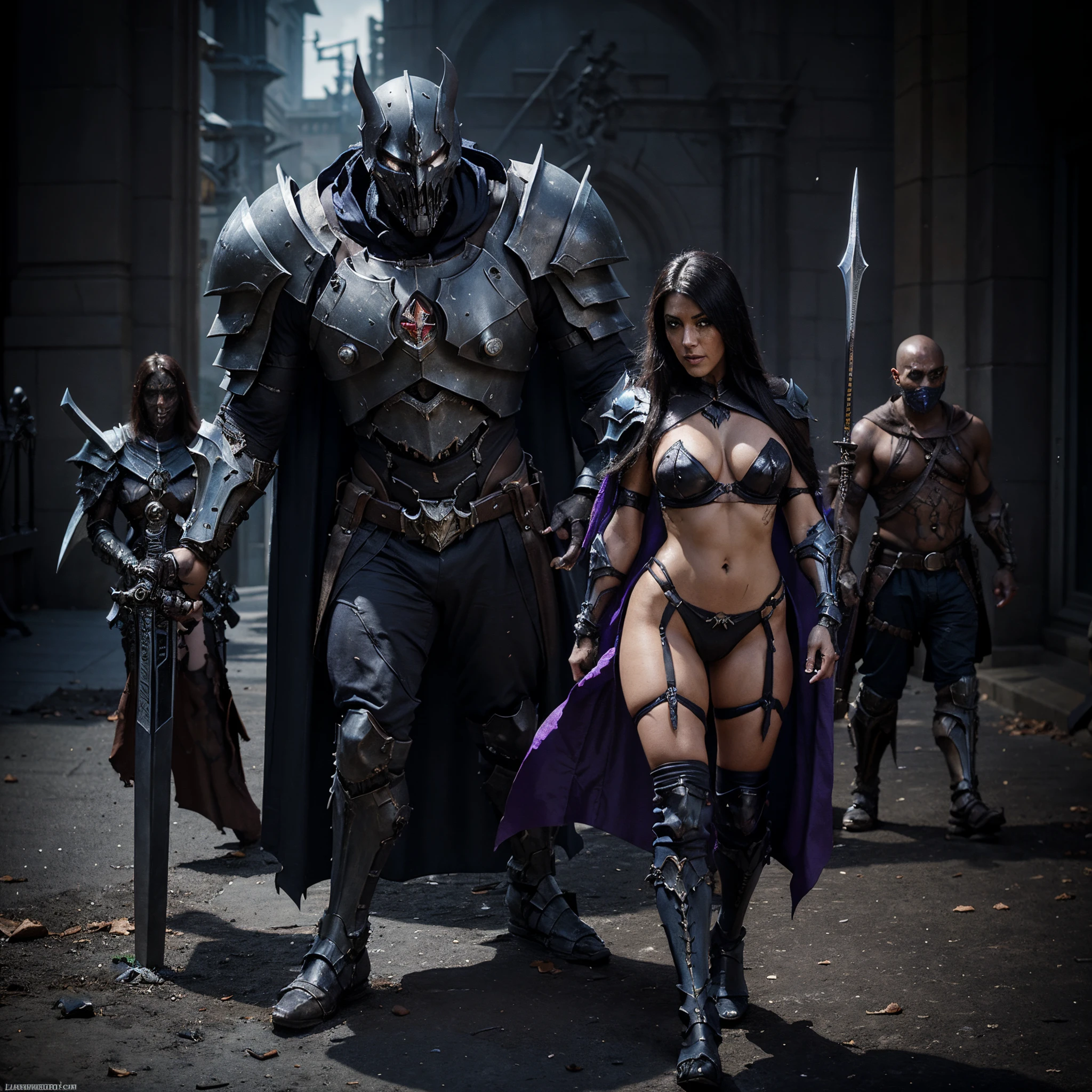 Sexy somando naked, a close up of a person with a sword and a purple cape, full body, darksiders style, darksiders art style, blizzard concept artist, blizzard games concept art, blizzard concept artists, hero character art, blizzard concept art blizzard, riot games concept art, RPG concept art character, undead knight, senior concept artist, darksiders halloween theme, sexy muscular woman, undead cyborg
