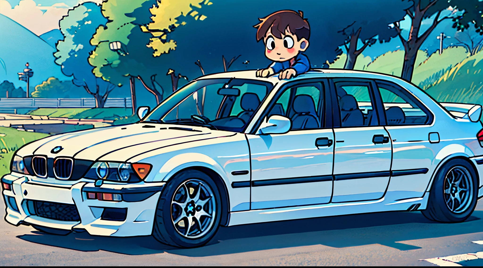 Stwóż piękną dziewczyne anime z dużymi cyckami i dużym tyłkiem kompletnie nagą siedzącą na bmw e46
