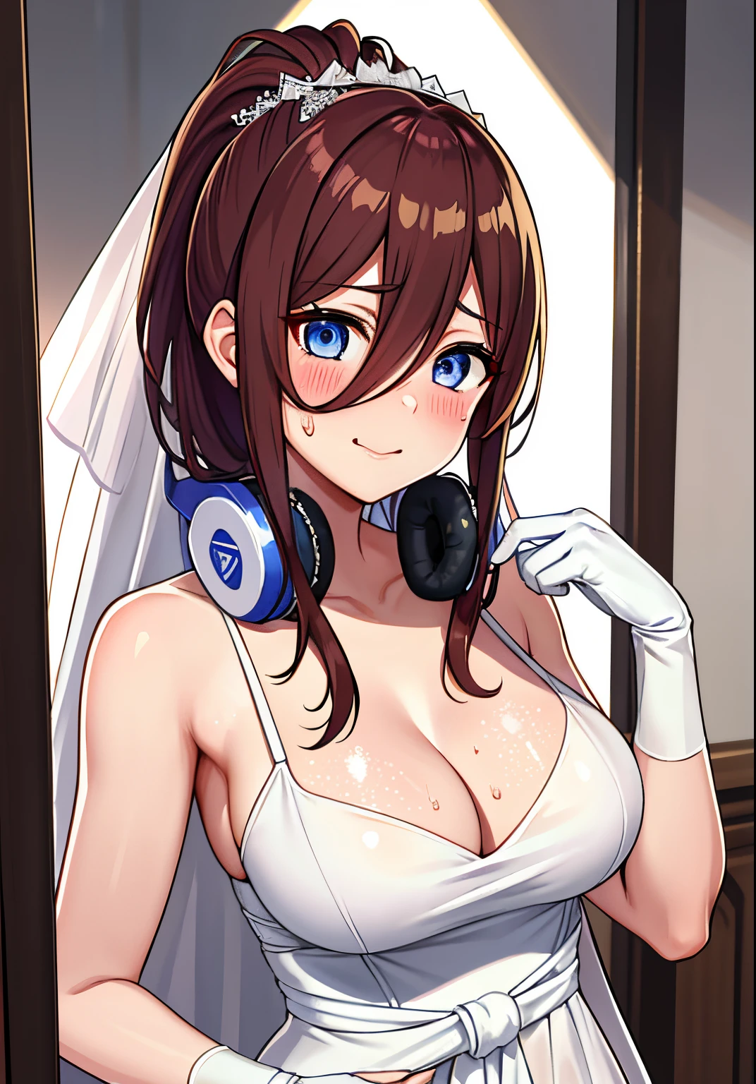 1girl, alone, Miku Nakano, blue eyes, medium hair, brown hair, seductive, embarrassed, smiling, mouth closed,Highest quality、Highly detailed anime super detail、masterpiece、tre anatomically correct、Detailed hand、(Mother 1.6)、 8k、Ponytail、red tide、sexual arousal、Top line、Huge chest、thighs thighs thighs thighs thighs、sweating profusely、Congestion、Ahegao、Torogao、Elbow-length gloves、White Glove、(wedding dress:1.6)、 Realistic hydrated skin、(Soaked body:1.3)、large breasts, medium waist, medium hips, wide thighs,Detail Eye、NSFW、Erotick、cum on、Clothes with less fabric area、armpits、bedroom、a bed、Teats see a through、(nursing、Urinating:1.2)、masturbation、The whole body is reflected