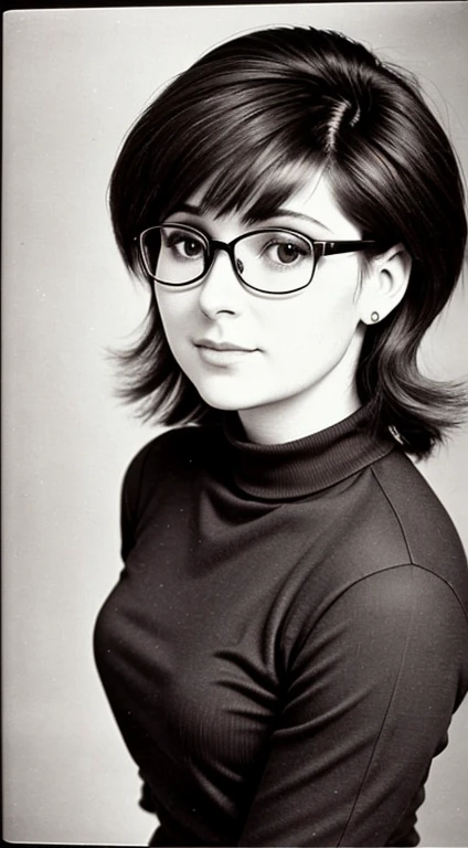 Realistic 80s photo on monochrome film, Film grain, photo paper texture, tmasterpiece; modest shy young petite middle aged Russian woman (age 38), beautiful proportional round face, round cheeks, Round chin, Big shiny brown eyes, eyeglasses, beautiful small wide nose, Partially open full sensual plump lips, Serious, calm pleasant smile, medium length brown thick tousled hair (80s punk hairstyle); small proportional beautiful trained body, beautiful very small realistic breasts, Black tight turtleneck, Medical Uniform(medical doctor), embarrassed look at the camera, (upper-body), natural light; Monochrome image