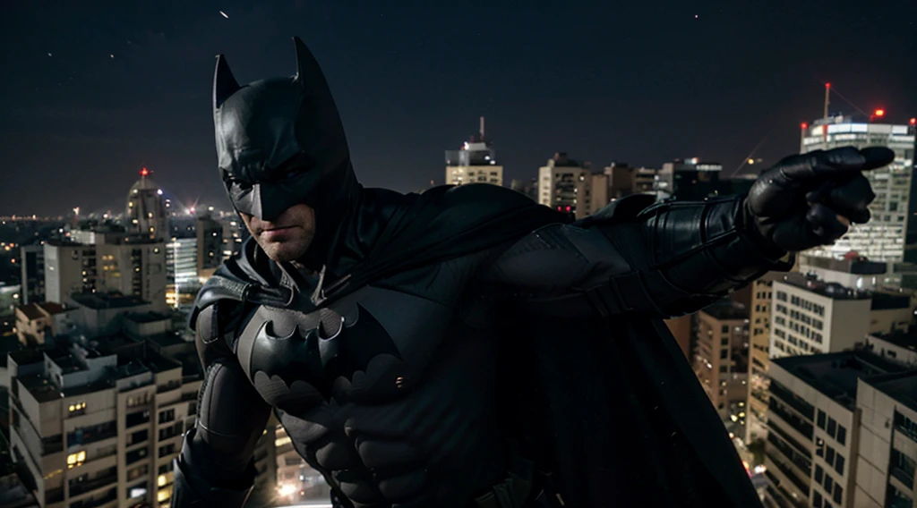 Batman, em um dia chuvoso, at midnight, 8k, on top of a building,com uma pose muito legal, musculoso, with a flowing cape