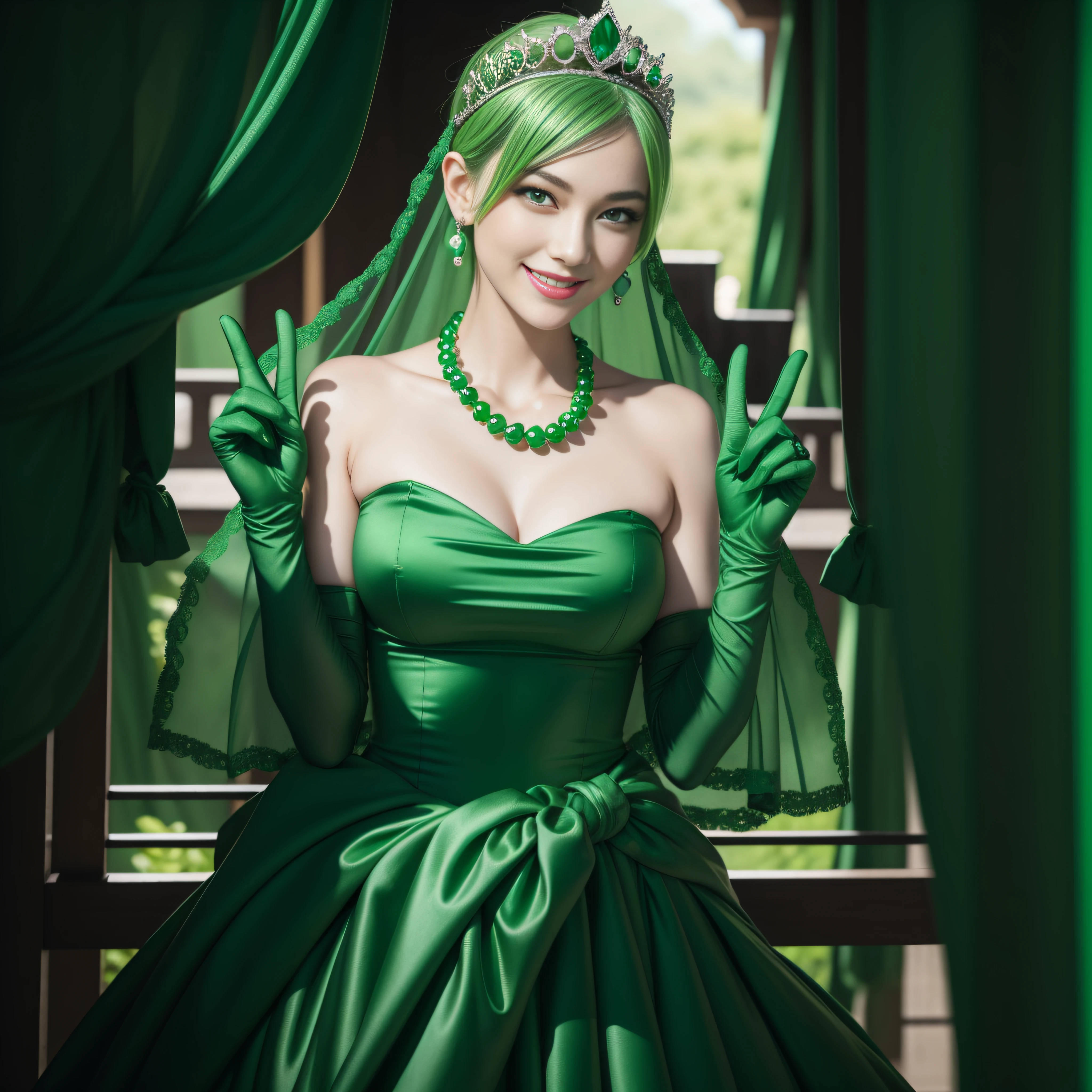 emerald tiara, Green Pearl Necklace, Boyish very short green hair, lipsticks, Japan woman smiling, very short short hair, big breasts beautiful, Green eyes, Long green gloves made of satin material, Green eyes, Emerald Earrings, green vale, v sign