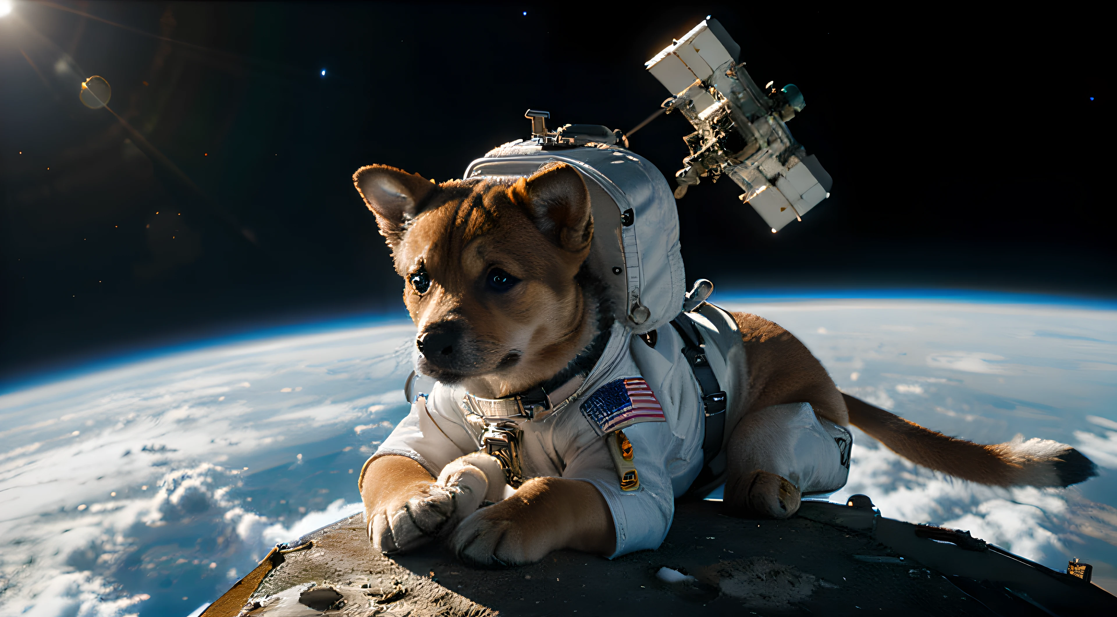 Cachorro ultrarrealista con traje de astronauta flotando en el espacio. The Earth is sitting behind the scenes.