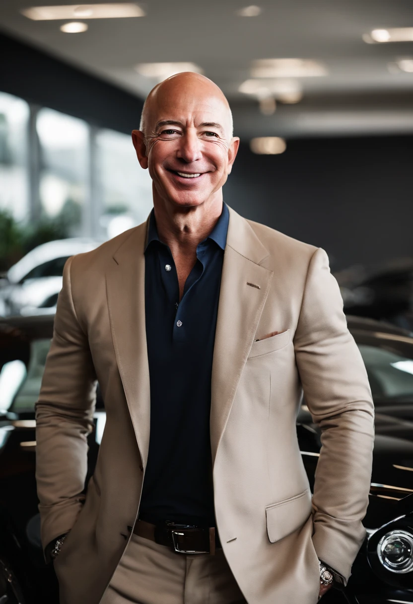 A photo of Bezos at a high-end luxury car dealership,original,Jeff Bezos, the founder of Amazon, is known for his bald head and often a warm, yet measured smile, presenting a recognizable and influential figure in the tech world. He usually appears in public wearing professional yet relatively understated attire, reflecting his practical approach to business and life. He’s gotten absolutely jacked after taking lots of testosterone and HGH., male