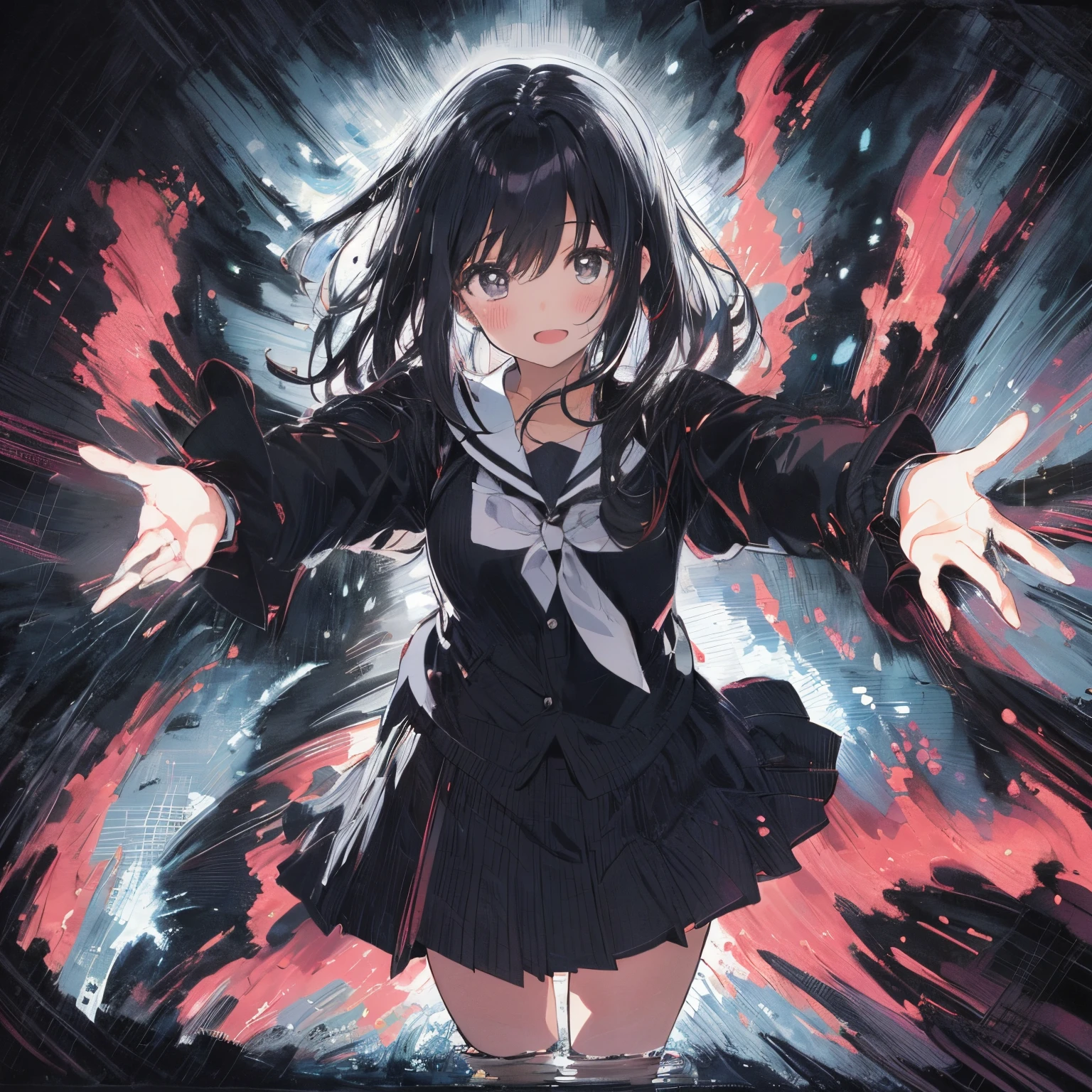 in the style of Chi no Wadachi, manga style, black and white, a girl standing, wearing a school uniform reaching out for embrace with both hands, surrounded by darkness, black hair, her face scribbled out, ((wide shot)), ((centered)), ((from below, distanced)), ((in the distance surrounded by darkness))