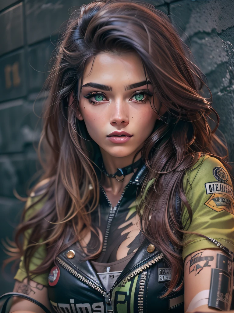 Her wild green eyes add a striking touch to the scene..