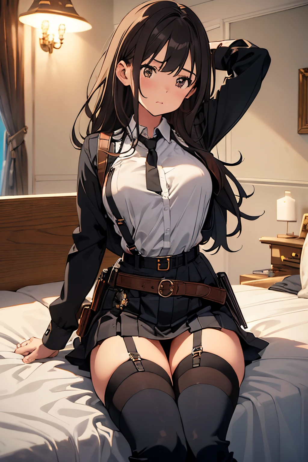 Brown hair、watching at viewers　　　black suspenders　　　Bulging big breasts　　 　 　　　walls: 　Black miniskirt　garters　　　　　　Gaze　　　Small face　bangss 　　　holster　　Belt Armament　Beautuful Women　srestrained　hands up　Lying in bed　Leg holster lying on the bed　　Gaze 　black boots panty shot