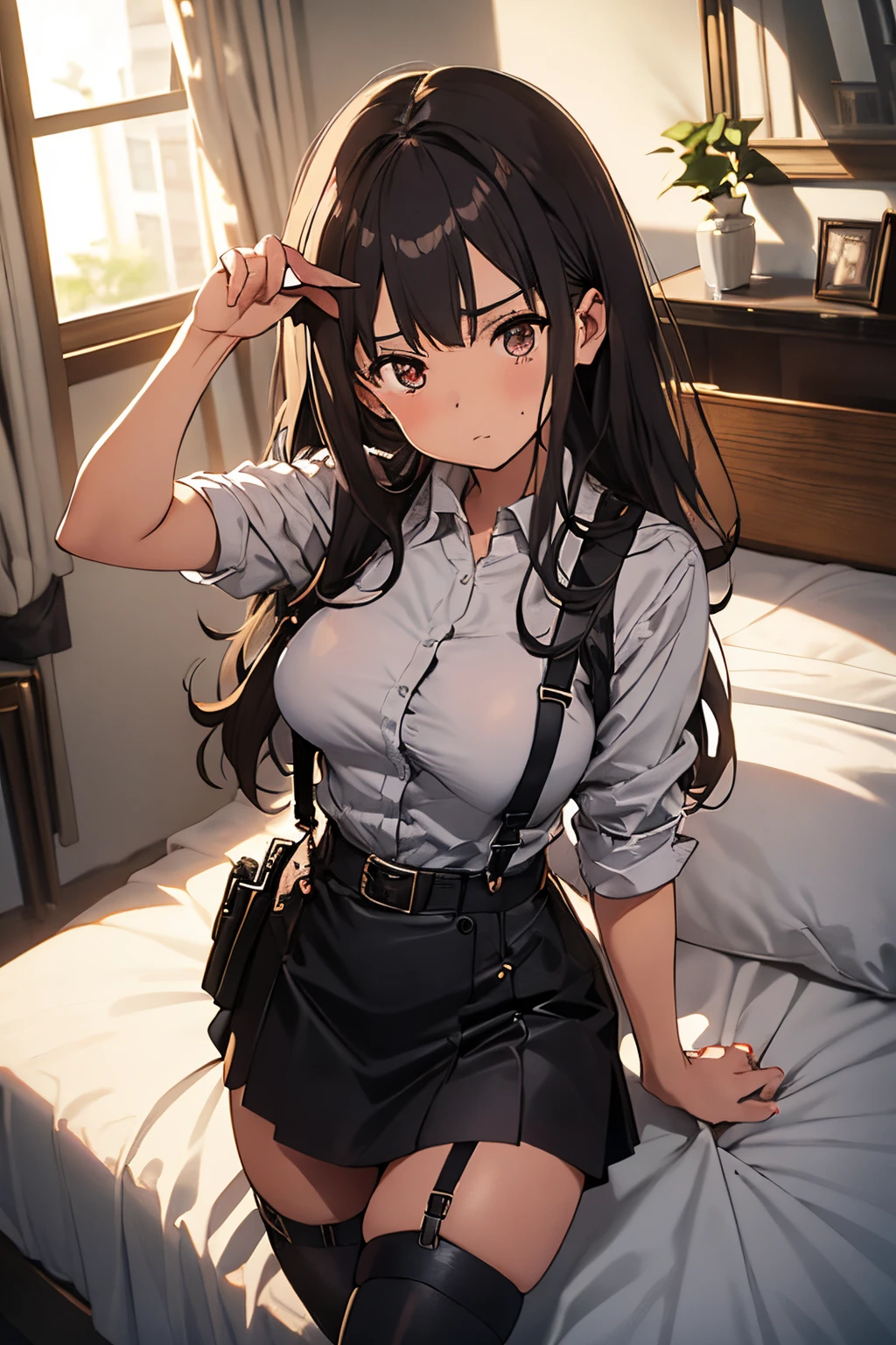 Brown hair、watching at viewers black suspenders Bulging big breasts walls: Black miniskirt garters Gaze Small face bangss holster Belt Armament Beautuful Women srestrained hands up Lying in bed Leg holster lying on the bed Gaze black boots panty shot