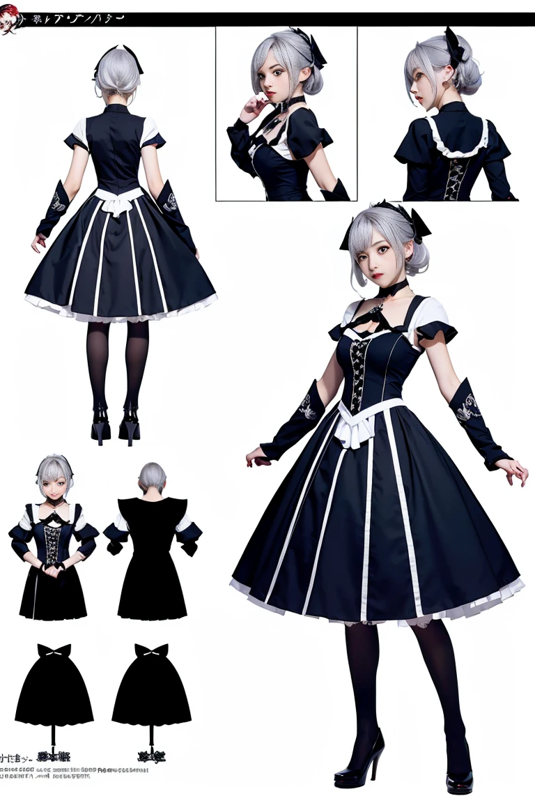 ((masutepiece)), (Highest Quality))), (CharacterDesignSheet, National Costume, Same character, front, Side, Back), Illustration, 1 girl, Full body, Silver hair, Eye hair, Beautiful eyes, Princess Cut, environment change scene, Short skirt, Shyness, Woman, girl, Standing, Gothic lolita, v tuber, Charter Betarola, (Simple background, White background: 1.3) ( masutepiece:1.2), (Best Quality:1.3)