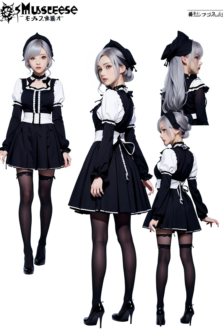 ((masutepiece)), (Highest Quality))), (CharacterDesignSheet, National Costume, Same character, front, Side, Back), Illustration, 1 girl, Full body, Silver hair, Eye hair, Beautiful eyes, Princess Cut, environment change scene, Short skirt, Shyness, Woman, girl, Standing, Gothic lolita, v tuber, Charter Betarola, (Simple background, White background: 1.3) ( masutepiece:1.2), (Best Quality:1.3)