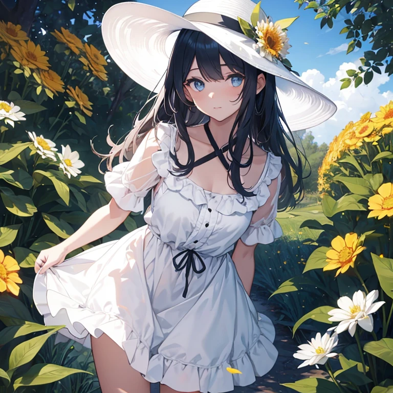 1girl，（cabelos preto e longos)，（blue color eyes)，（Black pupils)，Fair skin，best facial description，（wears a white dress)，Put a sun hat on your head，（standing in flower field:1.2)，Lift your right foot slightly，Hold the brim of the hat with both hands，Looking into the distance，Flowers blooming in the garden，（Yellow flowers：1.2)，（White flowers：1.3)，Beautiful weather，and the sun was shining brightly，A breeze ruffled my hair，Best quality，Lighting，