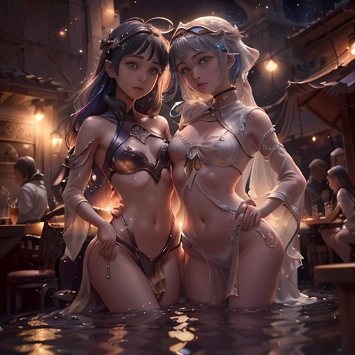 (piece of master), (alta qualidade), ((duas mulheres)), (pele perfeita), perfectly proportions, wearing translucent, flowing robes, find yourself in a paradisiacal bar immersed in soft lights.-( Clothes:Suas roupas devem ser feitas com luz (translucent) tecido, roupas de ninfas, deusas ninfas. ) (Poses: sentados um em frente ao outro, sentado em uma mesa de bar, copos e garrafas de vinho fino, Wine), (Ambiente: festivo, Friends Reunion, calm and peaceful), (The lighting: luz espacial, luz colorida,), (cena: the background of the scene shows outer space, estrelas pontilhadas, apenas colunas, sem paredes.)(short hair), (rainbow hair), (gentil, complicit look),( Efeito Tyndall),( etherial lighting )