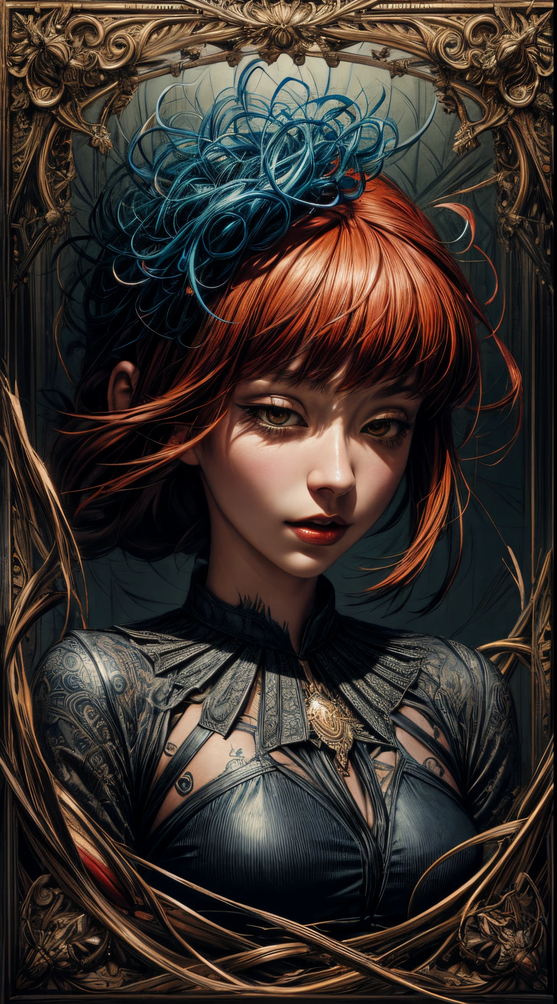 a [goth |barbarous |mysterious] [mature |young] gothic female with [curvy |thick |tone |curvy |thick |muscle] figure wearing [goth clothes | western clothes |intricate clothes |corset |loose sleeves] mix [dress |frill dress |indicate dress |belt |frill |cotton dress |short dress] and [lustful eye |creepy eyes |beautiful eye] red iris mix [lush lips | perky lips] and with white and black hair mix with light blue streaked hair, long hair [ hair over eye |braid | wavy hair] mix [messy hair |curly hair |messy hair] and [pointy ear |elf ears |long ears] and [star print |flower print] on clothes and wearing [make up |scaly | jewelry] , intricate tattoos, ((asymmetrical pose)), make up, blush, chromatic aberration, illustration, (full length full body:1.8)
((dark souls:1.5)), ((detail background:1.2)), ((landscape)),   <lora:dark  souls4:0.35>