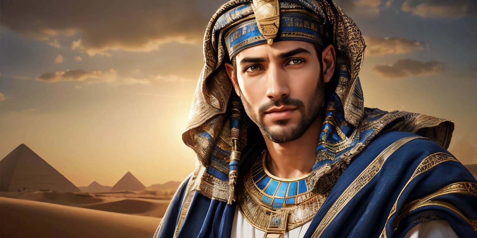 (melhor qualidade,4k,8k,Altas,master part:1.2),ultra-detalhado,(Realistic,fotorrealista,photo-realistic:1.37),biblical historical scene,Homem hebreu,37 anos, com um rosto bonito,belos olhos castanhos detalhados,beautiful detailed lips,Egyptian tunic clothing with Egyptian style,Ancient Egypt setting