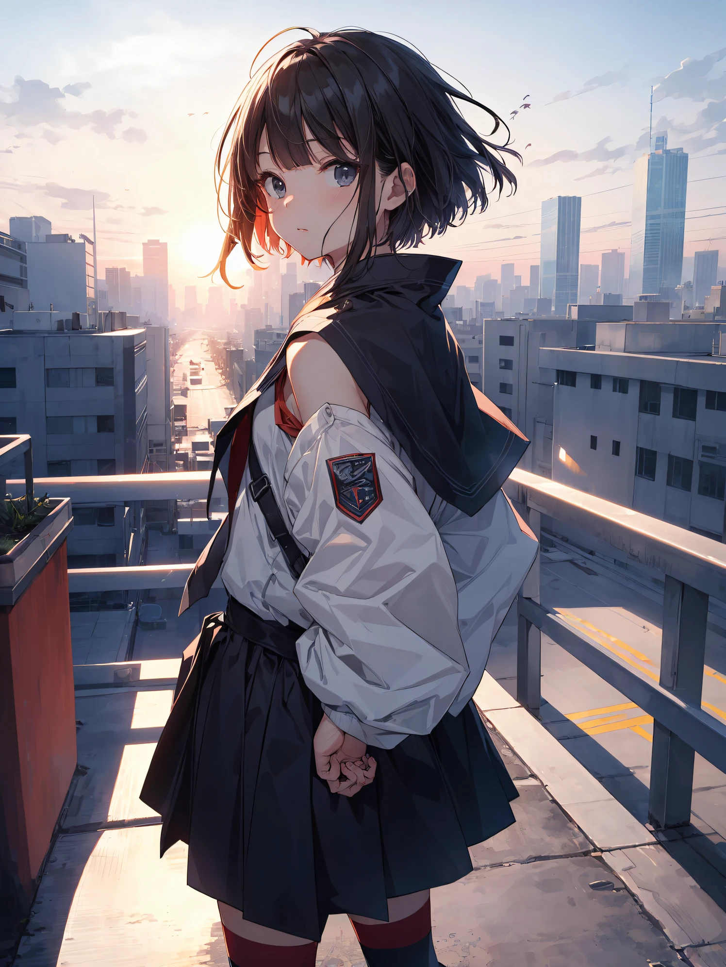 One Girl, (Sunset sky), Standing and waving, School Area, Cityscape, scenery, School Cardigan, (Sleeves are longer than the wrist), Powerful loafers, Black ash two side up hair, Blunt bangs, Beautiful dark eyes, Black knee socks, Cinema Lighting, Upper Body, :3,