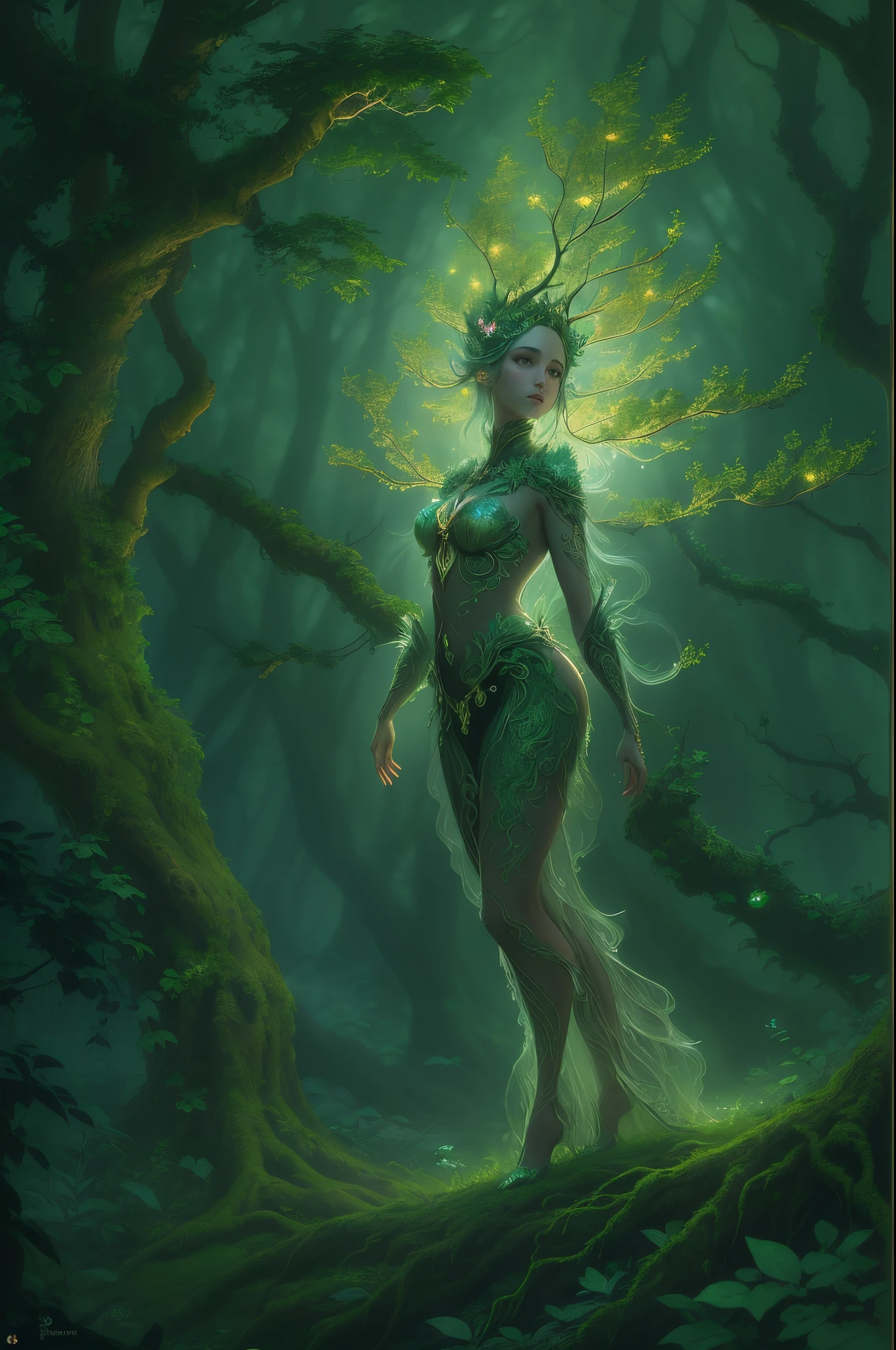 Ultra detailed illustration painting of a luminous and enchanting forest dryad creature, dimly lit dark fantasy realm enviroment, mid shot, rule of thirds depth of field intricate details, concept art, subtle colors, fantastical realm, extremely detailed, ultra sharp focus, light particles, attention to detail, grandeur and awe, cinematic, stunning visual masterpiece, double exposure, 8k, photorealistic, strong outlines, cinematographic scene, retro look, retro style,