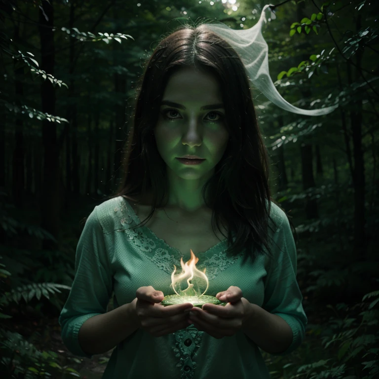Ghost, green mist, enchanted forest, woman, fire, magic, spell, calling forth a spirit