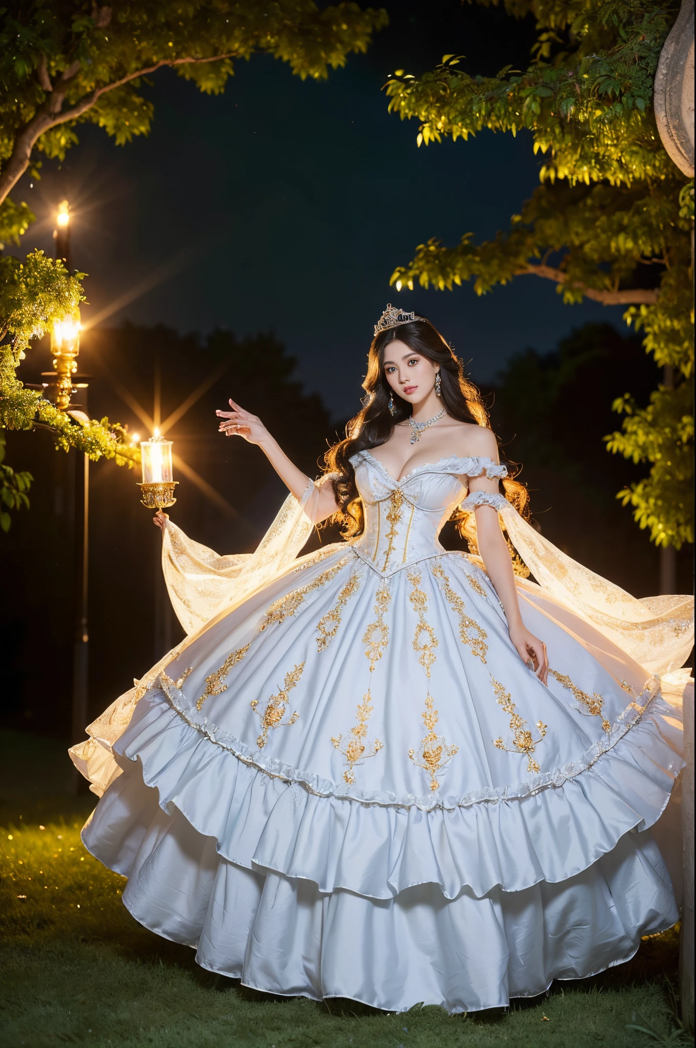 ultra-detailed, extremely detailed,((anime artstyle)),Masterpiece,(Best Quality),(Super Detail),(Very Delicate and Beautiful),((Solo)),(((full body))),full body,((detailed face and eyes)),perfect eyes, rendered eyes,jewel-like beautiful eyes,((1 princess in beautiful embroidery and jeweled gorgeous rococo ballgown with frilled voluminous full length hoop skirt)),((Crinoline)),beautiful embroidery and jeweled gorgeous rococo ballgown with frilled voluminous full length hoop skirt,(large amount of straight hair,extremely voluminous Very Long straight Hair,Absolutely Long Straight Hair),sparkly skin,(((very gigantic boobs,skindentation))),Bursting breasts,cleavage,((fantasy castle,outdoors,outside the castle)),long_gloves,extremely gorgeousfull jeweled hair ornament,(bling-bling extremely gorgeousfull jeweled tiara),(luxurious jewelry),full body,beautiful embroidery and jeweled gorgeous rococo ballgown with frilled voluminous full length hoop skirt