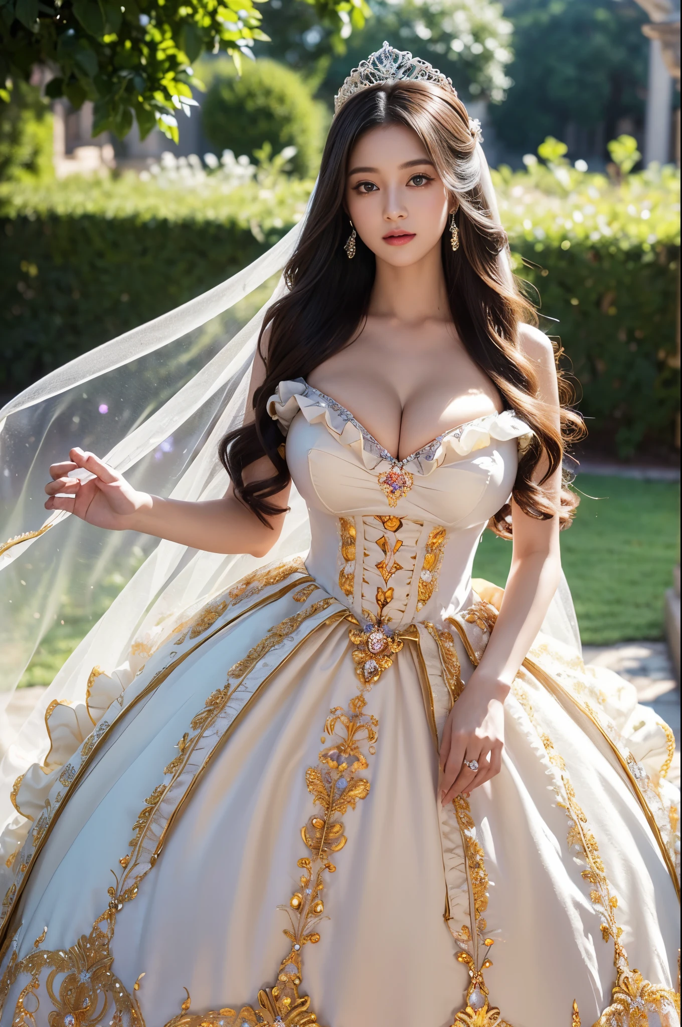 ultra-detailed, extremely detailed,((anime artstyle)),Masterpiece,(Best Quality),(Super Detail),(Very Delicate and Beautiful),((Solo)),(((full body))),full body,((detailed face and eyes)),perfect eyes, rendered eyes,jewel-like beautiful eyes,((1 princess in beautiful embroidery and jeweled gorgeous rococo ballgown with frilled voluminous full length hoop skirt)),((Crinoline)),beautiful embroidery and jeweled gorgeous rococo ballgown with frilled voluminous full length hoop skirt,(large amount of straight hair,extremely voluminous Very Long straight Hair,Absolutely Long Straight Hair),sparkly skin,(((very gigantic boobs,skindentation))),Bursting breasts,cleavage,((fantasy castle,outdoors,outside the castle)),long_gloves,extremely gorgeousfull jeweled hair ornament,(bling-bling extremely gorgeousfull jeweled tiara),(luxurious jewelry),full body,beautiful embroidery and jeweled gorgeous rococo ballgown with frilled voluminous full length hoop skirt