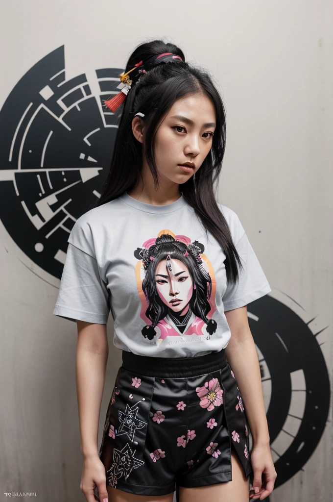Dark Female Samurai with many details, lost in the galaxy background, t-shirt design, urban clothing design, professional vector, Japanese style, full design, only 2 colors, solid colors, no shadows, full design, warm colors, stickers, colors bright