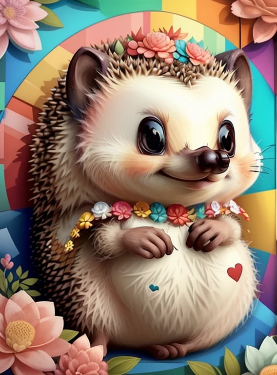((|) (cute baby hedgehog with flowers and hearts) stylized identical to 1940 |)), acolchoamento ,multidimensional geometric wall PORTRAIT, arte, Chibi,
Yang016K, lindo,(( cor vermelha predominante, azul e branco))
Primary works, qualidade superior, melhor qualidade, Arte Oficial, Beautiful and Aesthetic,),  Eduardo Kobra acolchoamento ,multidimensional geometric wall PORTRAIT, arte, Chibo,detalhes