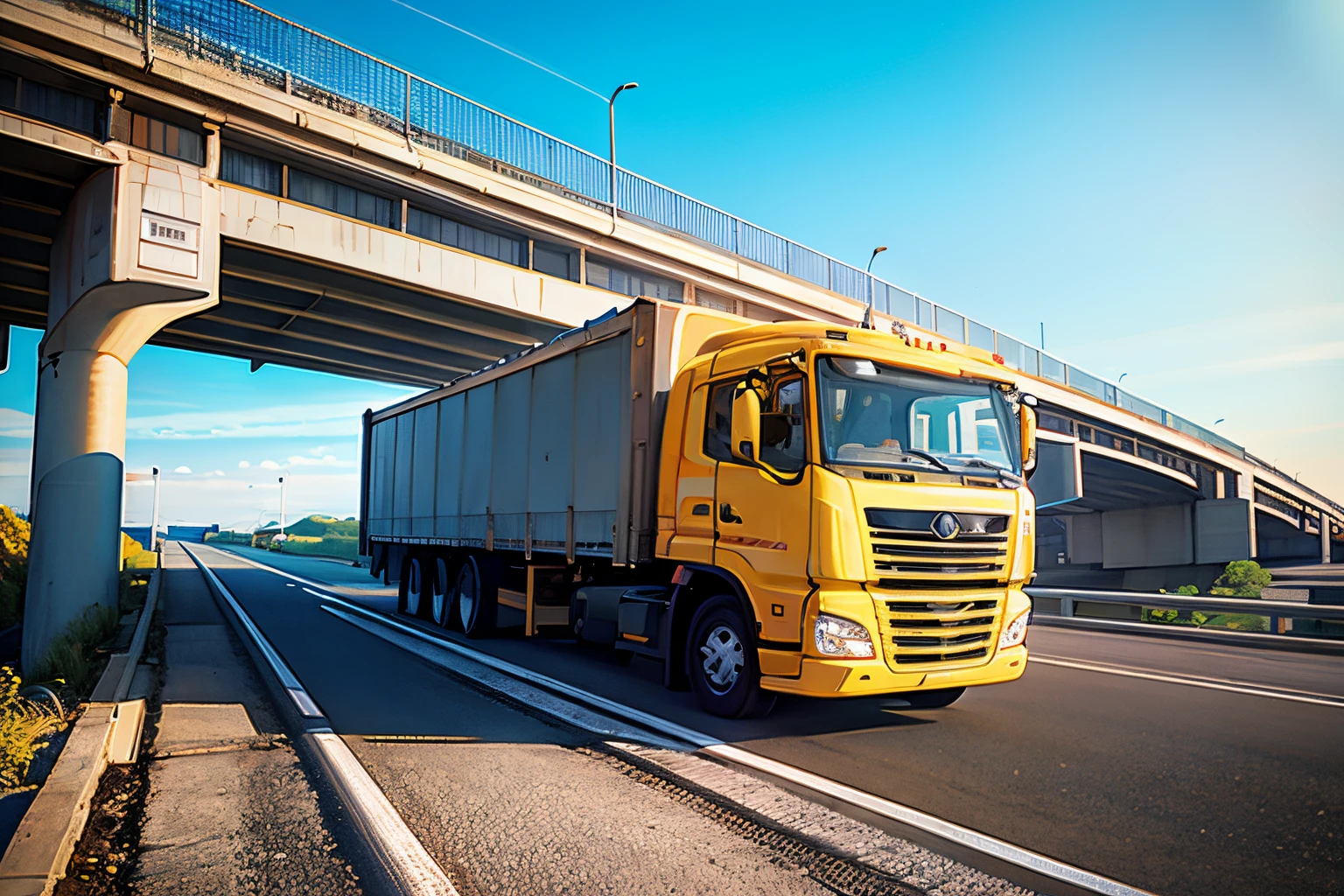 yellow truck driving along the highway under the bridge, taken in 2 0 2 0, vehicle photography, Truck, Filmed in 2022, High Quality Product Image", frontal, infrastructure, Videos, Commercial Photography, textless, automotive, Photos, commercial, Accurate image, 2 0 2 2 photos, 1 4 9 3, instagram post, hiquality