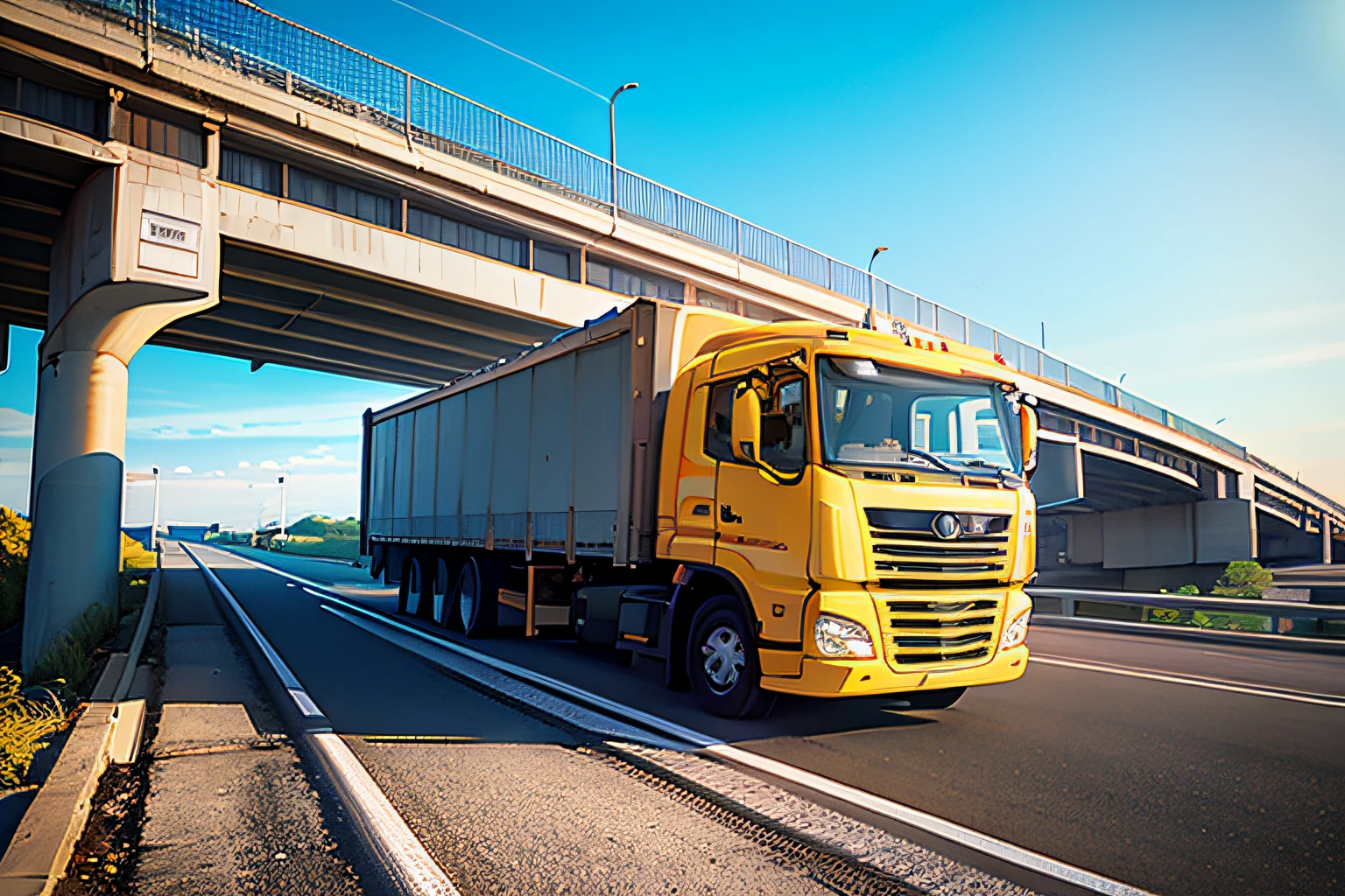 yellow truck driving along the highway under the bridge, taken in 2 0 2 0, vehicle photography, Truck, Filmed in 2022, High quality product image", frontal, infrastructure, videos, Commercial Photography, textless, automotive, Photos, commercial, Accurate image, 2 0 2 2 photos, 1 4 9 3, instagram post, hiquality