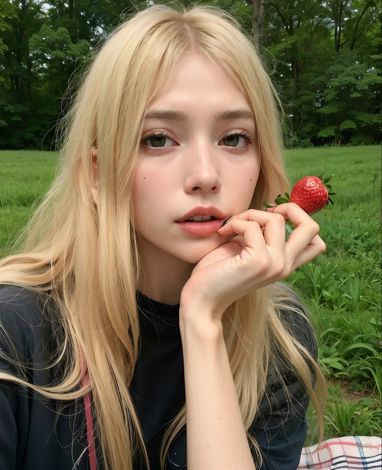 blonde woman with a strawberry in her hand, sentada em um campo, Retrato de Kim Petras, Ela parece uma mistura de Grimes, Yelena Belova, Anna Nikonova aka Newmilky, parece uma mistura de grimes, ava max, parece uma mistura de grimes, with pale skin, Taran Dasha, No estilo de Petra Collins