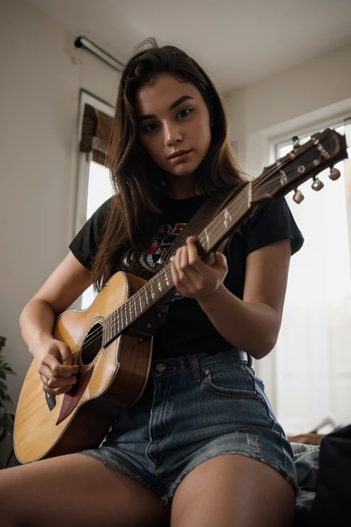 fotografia de uma mulher de 19yo, rosto perfeito, playing a guitar