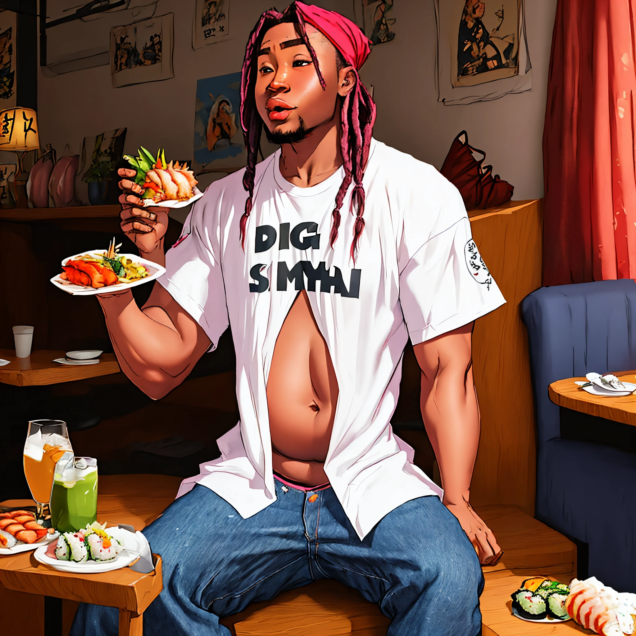 young lightskin black woman, long braids wrapped back with pink bandana, pink minidress, lightskin, comic art style, character render, fat body outgrowing clothes, fat bloated belly, eating sushi with a young black man with long dreadlocks wearing baggy white T-shirt and baggy jeans