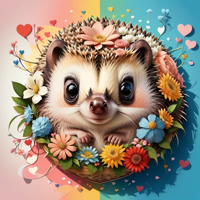 ((|) (cute baby hedgehog with flowers and hearts) stylized identical to 1940 |)), acolchoamento ,multidimensional geometric wall PORTRAIT, arte, Chibi,
Yang016K, lindo,(( cor vermelha predominante, azul e branco))
Primary works, qualidade superior, melhor qualidade, Arte Oficial, Beautiful and Aesthetic,),  Eduardo Kobra acolchoamento ,multidimensional geometric wall PORTRAIT, arte, Chibo,detalhes