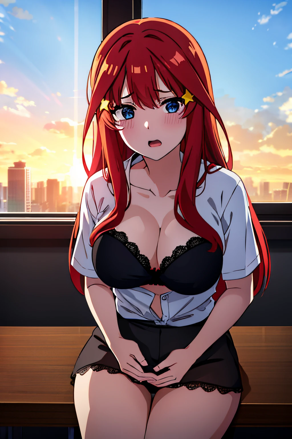 1girl, alone, Itsuki nakano, long hair, red hair, hair decoration, yellow star decoration, blue eyes, black glasses, white shirt, open shirt, showing black underwear with lace, black bra, black thong, black pantyhose, hands holding both breasts, embarrassed, seductive, open mouth, embarrassed expression, large breasts, medium waist, wide thighs, classroom, good lighting, open window, sunset sitting with legs open, sitting at desk,