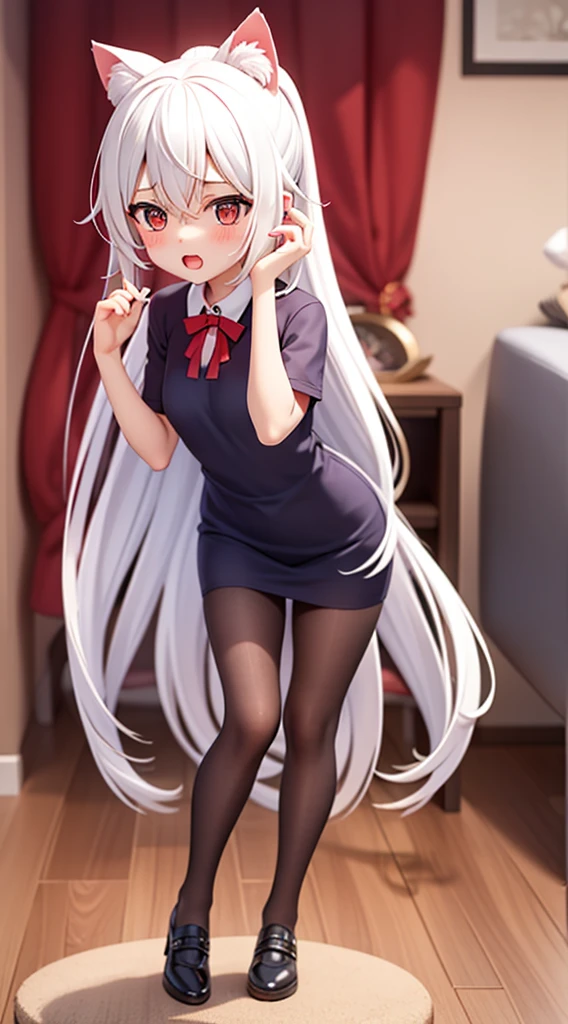 (((Best quality))), ((ultra - detailed)), (In the office), (highly detailed CGillustration), ((Very fine and beautiful)),Mature and beautiful,flustered, full blush, view the viewer,Ultra-detailed CG,Exquisite facial features,Clear facial expressions,Detailed digital anime art,Digital anime art,High quality anime art style, (Masterpiece), Best quality, Perfect face, ((1girll)), Mature woman, Leaning forward, ((Very long gray hair:1.5)), High ponytail, extremely giant breasts, Hanging breasts, cleavage, Narrow waist, ((ribbon:1.2)), Wearing glasses, ((Superskirt:1.5)), choker necklace, Very small shirt, Transparent shirt, ((pastel yellow dress:1.3)), ((The skirt was blown away)), ((Mini tight skirt: 1.5)), ((full body:1.5)), High heels, Garters, ((Lace stockings:1.2)), ((Long and slender legs)), Beautiful legs,Erotic,Seductive pose, ((show underwear, Show panties:1.2)),accidental exposure, Expose breasts,((standing:1.2)), (Open legs:1.2), ((Front Shooting)), Slender figure,(nurses uniform:1.5), waist-up, lolita