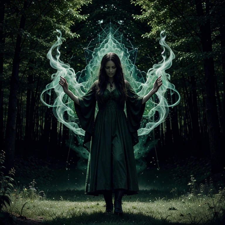 Green witch, portal, dark, spooky, spirit of the forest, fire, green mist, spell, summoning a spirit, magic