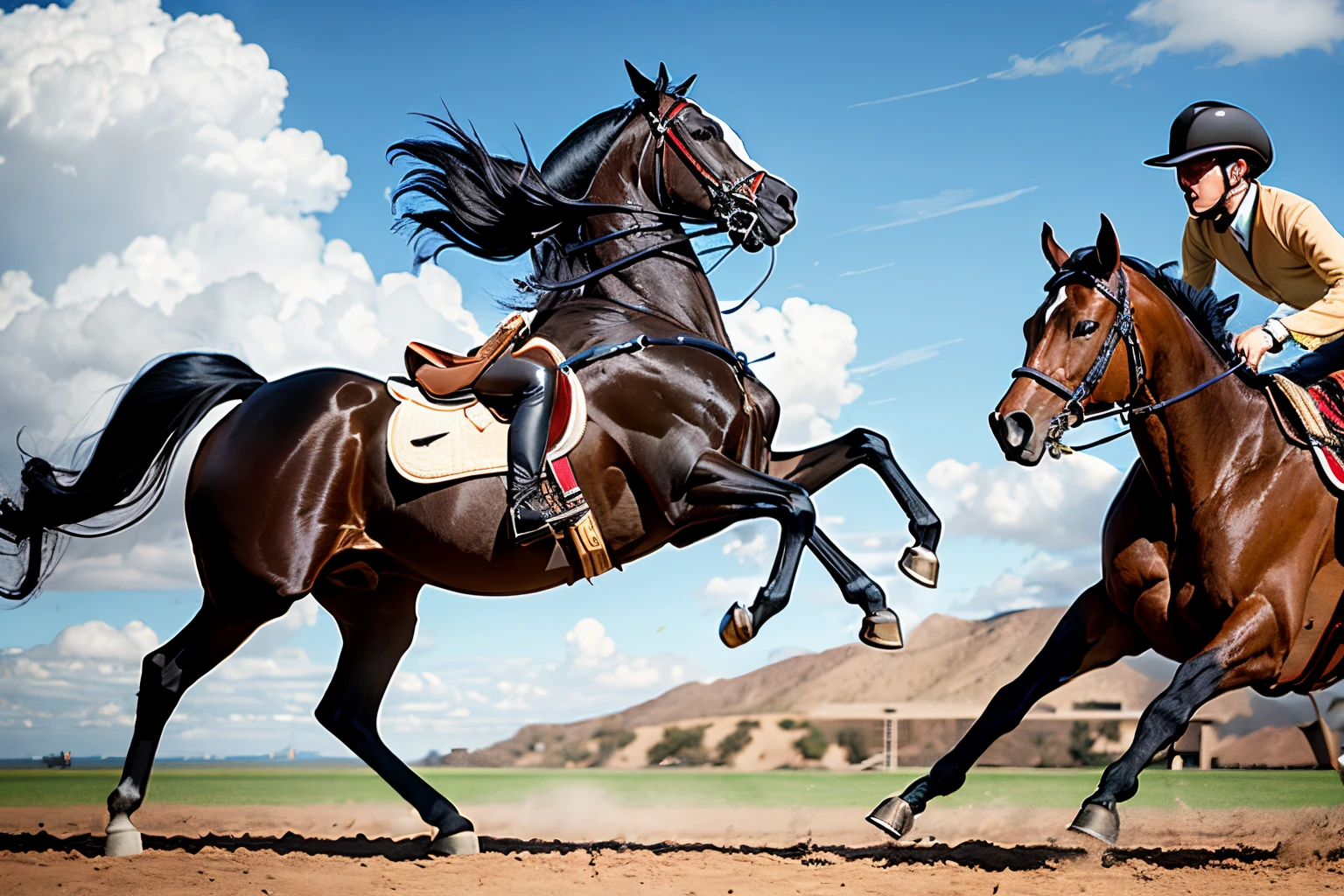 Black horse pointing a revolver at a longhorn
