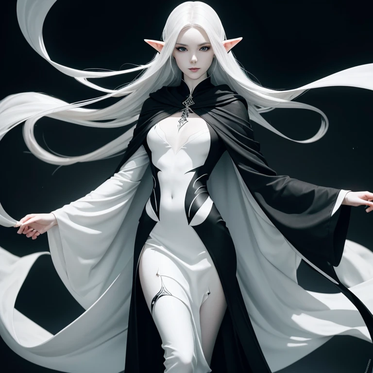 elf-like figure, pale white skin, slender, graceful swirling black markings all over, wearing black robes with white accents that cover entire body, dark mid length tight curled hair