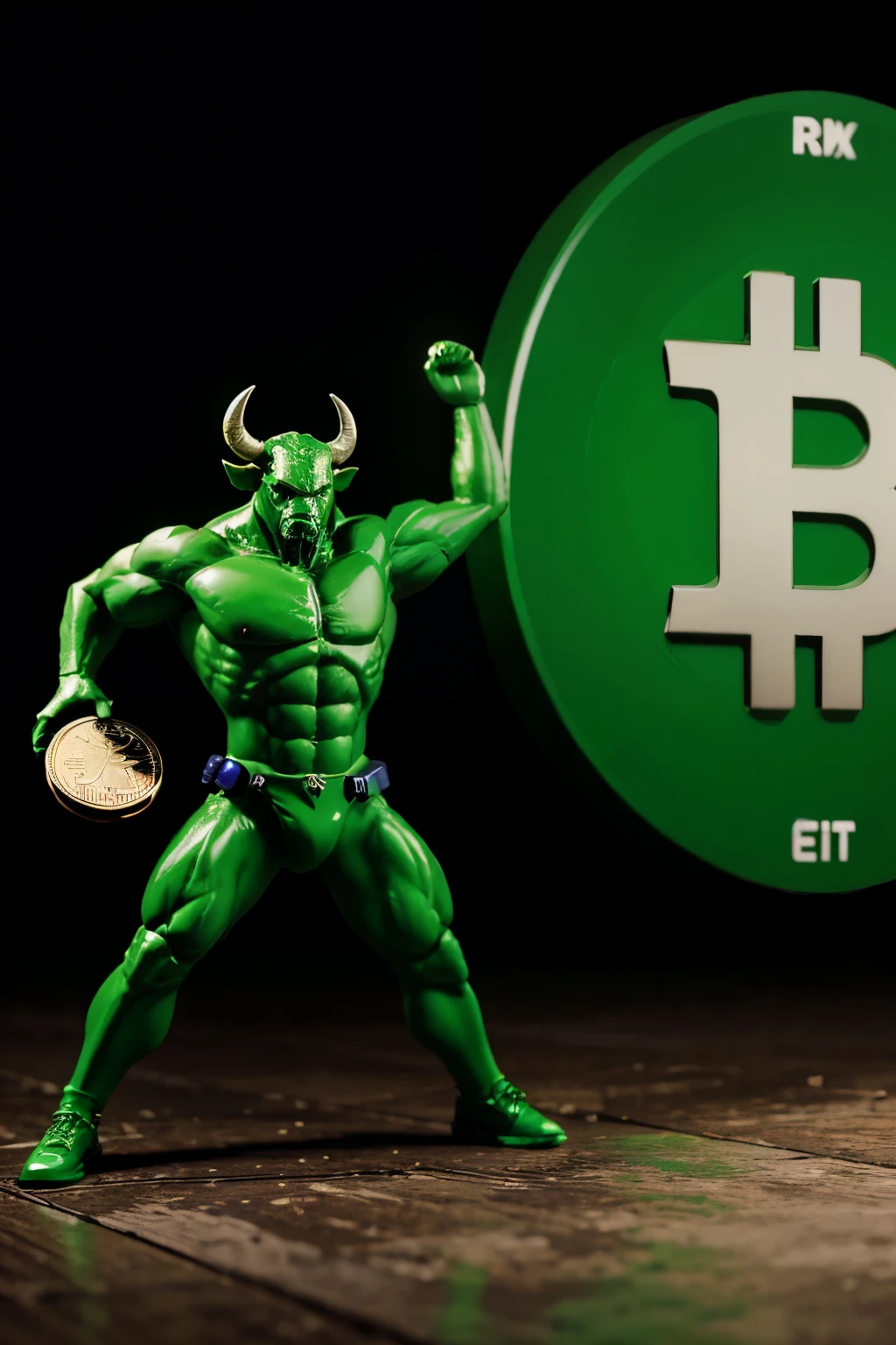 green bull hitting bitcoin coin