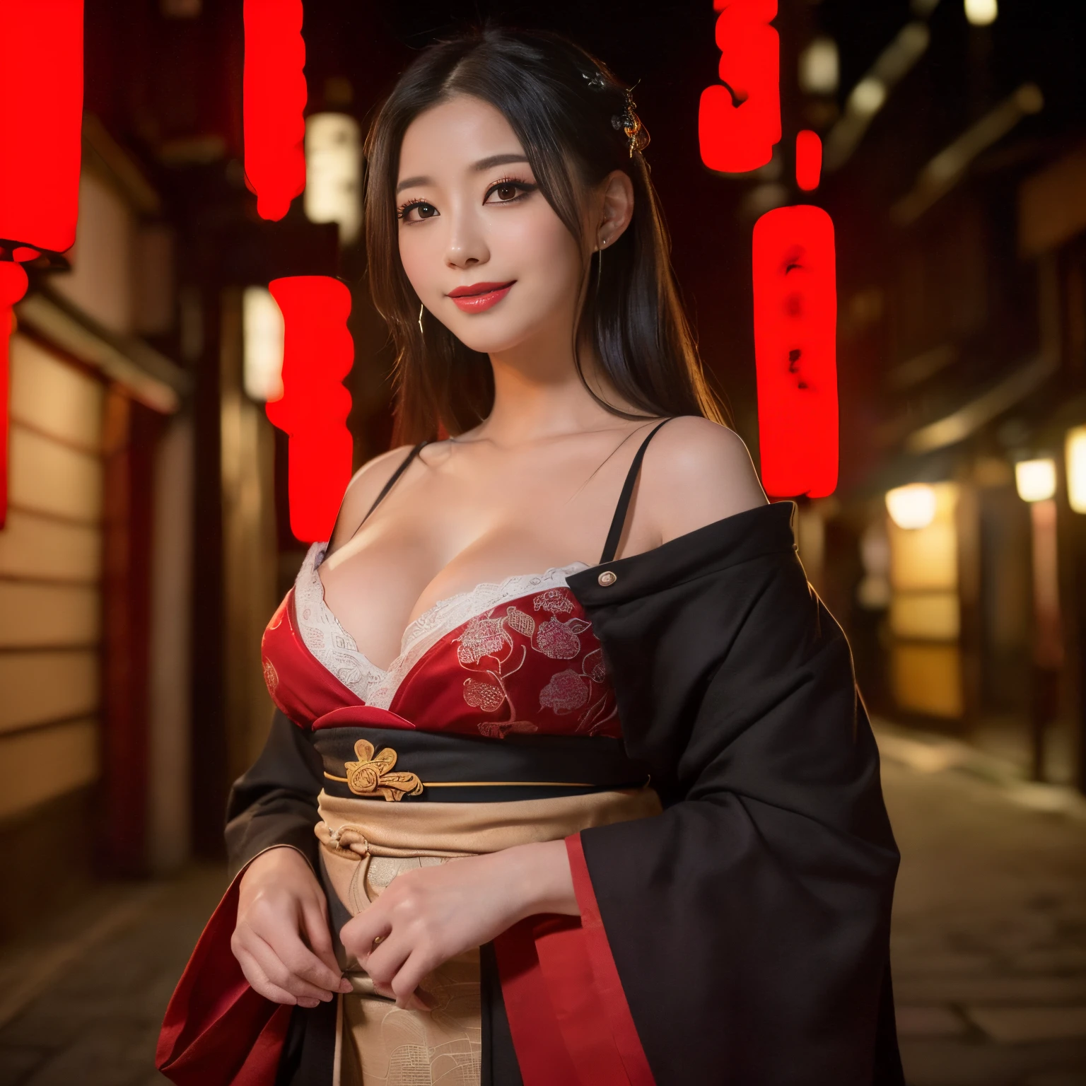 ((top-quality、masutepiece、8K、Top image quality、Highly complex and detailed depictions))、(Upper body photo of Japanese prostitute:1.3)、Gorgeous medieval Japanese red light district、the most luxurious prostitute costume、((The most beautiful medieval Japanese prostitute costumes、The most luxurious medieval Japanese prostitute costumes、The most luxurious and obscene red-light district、An unimaginably huge entertainment district、A very luxurious and obscene red-light district in medieval Japan、A huge red light district in medieval Japan at midnight、Very complex decoration)、(View me、Bewitching smile、long eyelashes、Perfect makeup、lipsticks、A slight smil)、(perfect anatomia:1.2)、(Depth of field is deep:1.5)、(Detailed and intricate red light district background:1.3)、(A vivid backdrop of the obscene medieval Japanese red-light district:1.3)、(spectacular movie lighting、romantic warm lighting)、(romantic mood night:1.1)、(Perfectly recreate the atmosphere of medieval Japan&#39;s red-light district:1.3)、(obscene entertainment district:1.1)、(Obscene mood 1.1)、Wandering girl、mistress、concubine、whore、whore、prostitute、Prostitutes