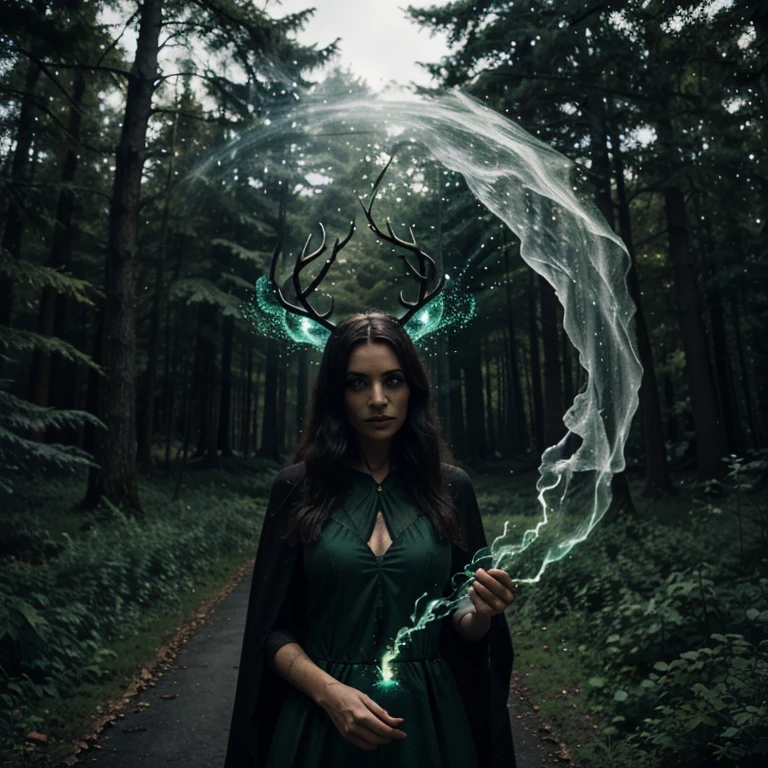 Green witch, portal, dark, spooky, spirit of the forest, fire, green mist, spell, summoning a spirit, magic, stag
