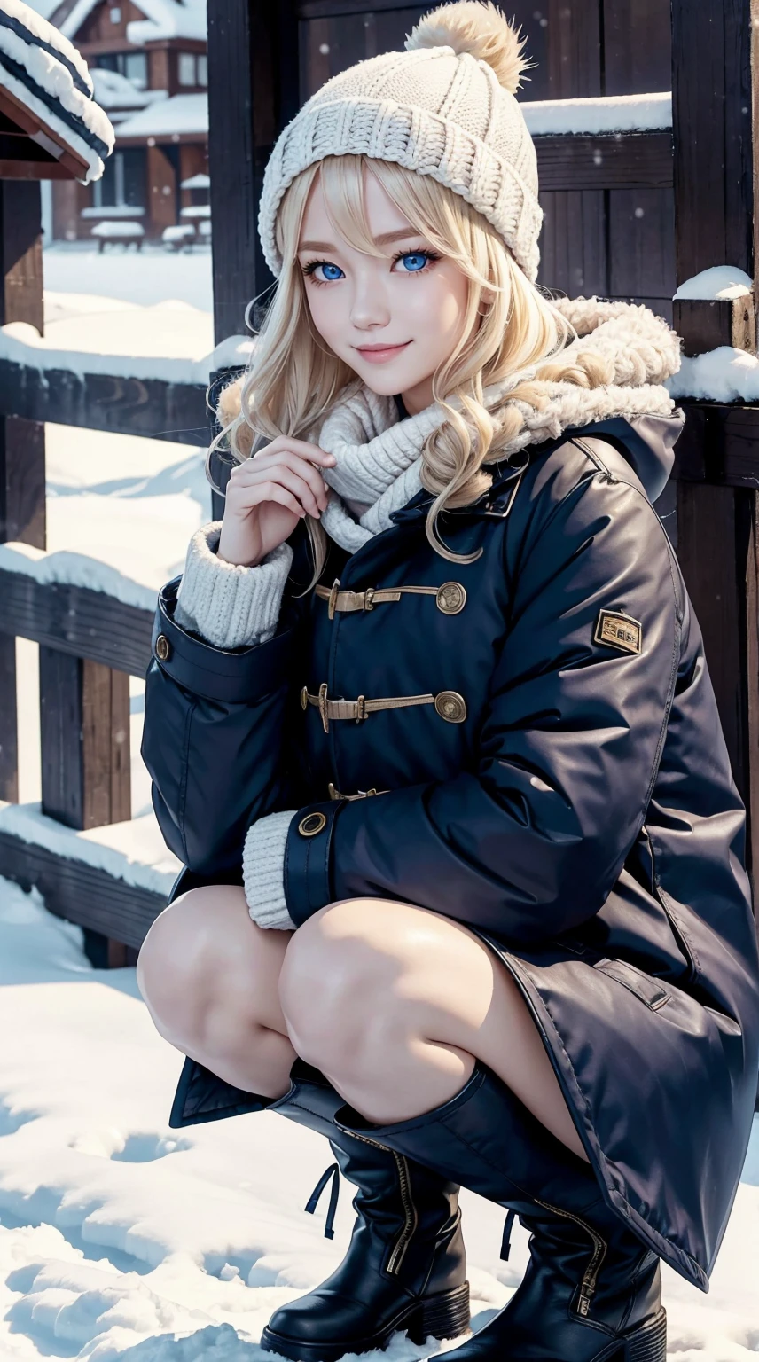 25-year-old Caucasian woman、platinum-blonde、blue eyess、Semi-long、My hair is wavy、a smile、My abs are cracked、a smile、slim muscular body、huge tit、I don't want my head to disappear from the screen.、Wearing a duffel coat、I'm in a snowy town、wearing a woolen hat、I'm wearing a muffler、Squatting、Facing to the side、I'm wearing long boots、I'm warming my hands with my breath