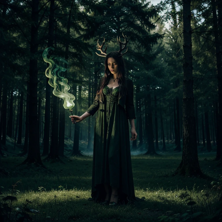 Green witch, portal, dark, spooky, spirit of the forest, fire, green mist, spell, summoning a spirit, magic, stag in mist