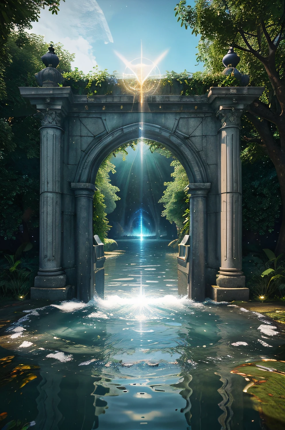 the light of evden an ancient portal gate in the midst of the waters, waters in the celestial sphere of peace, Dreamy cosmic beings from Neverland surrounding 3D rendering of nature