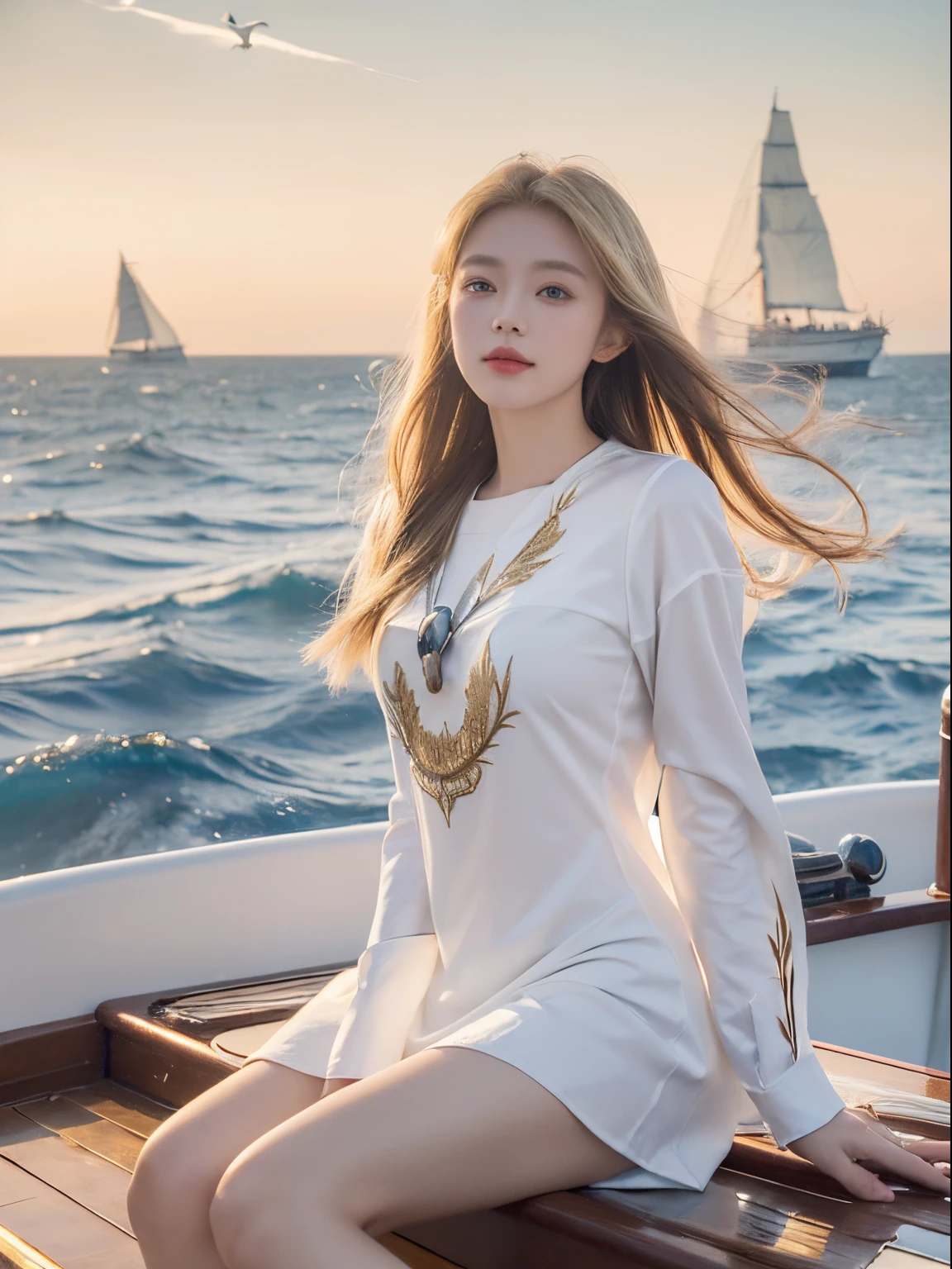 (((tmasterpiece, Best quality at best, k hd, high detal)))), ((((like a dream))), Yoon, (elf woman)))), (Short white dress embroidered with gold embroidery), (Blonde hair with long straight hair), (shiny dark green eyes), (Gold embroidered white ruffled shirt), bigger, (((On the deck of a sailing ship at sea)), (The vast sea))), (There are clouds visible in the sky)), (( Seagulls fly in the sky)), ssmile, (light wind), light particles flying，White and long legs
