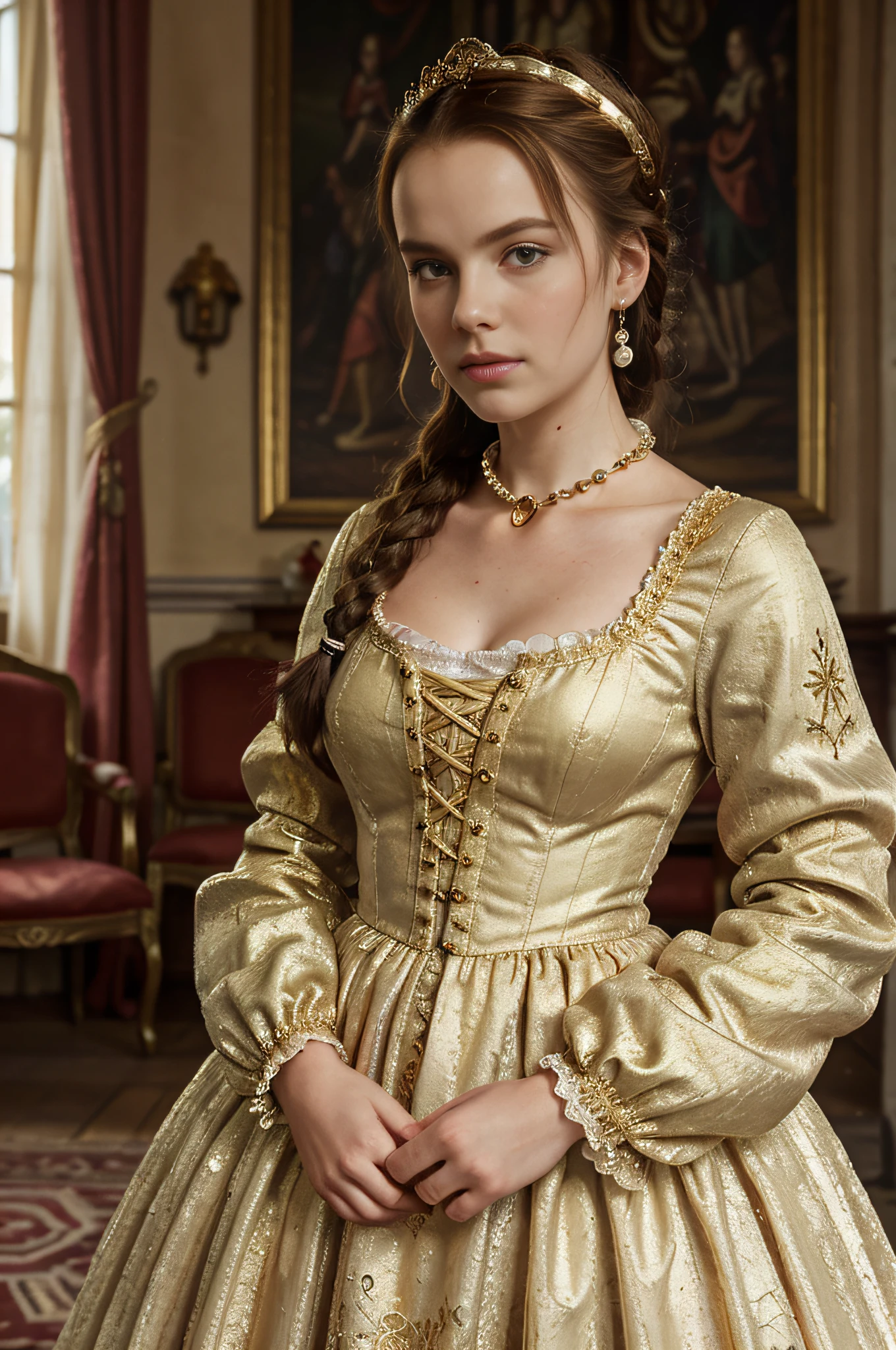 RAW photo, (Mary Stuart:1.3), Mary Stuart Queen of Scots, a beautiful ************ girl, slim body, thin face, narrow waist, auburn hair, green eyes, very pale skin with light freckles, (she is wearing a 16th century French renaissance gown made of gold cloth, she has high collared doublet in pink or "incarnate" satin embroidered with triplets of pearls , she is wearing renaissance jewelry, her hair is trimmed with lace, her hair style includes one intricate braid and curls, she is wearing cuffs on her sleeves, she has a large ruff around her neck:1.4), intricate details, cowboy shot, (high detailed eyes, high detailed skin:1.2), 8k UHD, dslr, soft lighting, high quality, fim grain, Fujifilm XT3, a renaissance french castle reception room in the background