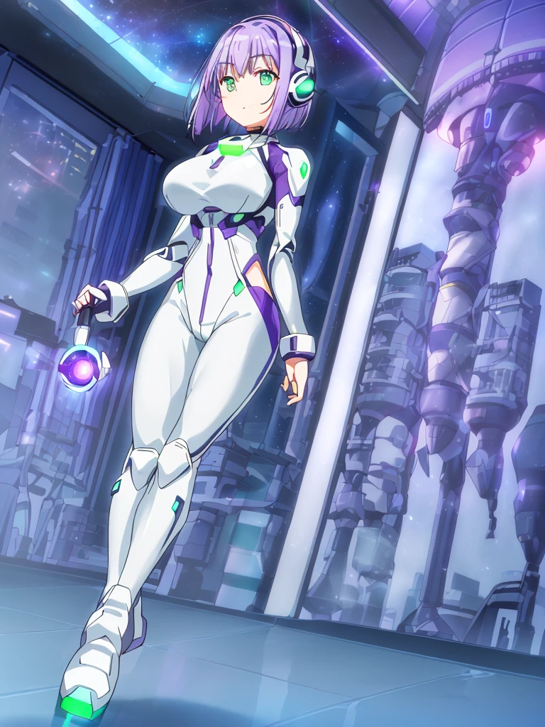 ​masterpiece:1.4, 1girl in ((20yr old, Wearing a futuristic white and silver costume, Tight Fit Bodysuit, long boots, Very gigantic-breasts, (Colorful purple hair,):1.3 short bob, Perfect model body, Green eyes:1.2, Wearing headphones, Looking out the window of the futuristic sci-fi space station、While admiring the beautiful galaxy:1.2, SFSF control room on night background:1.1, Neon and energetic atmosphere:1.2)) ((Galaxy))