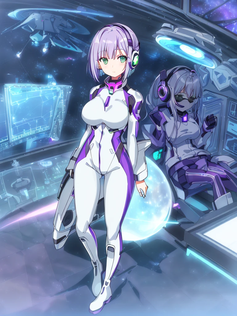 masterpiece:1.4, 1girl in ((20yr old, Wearing a futuristic white and silver costume, Tight Fit Bodysuit, long boots, Very gigantic-breasts, (Colorful purple hair,):1.3 short bob, Perfect model body, Green eyes:1.2, Wearing headphones, Looking out the window of the futuristic sci-fi space station、While admiring the beautiful galaxy:1.2, SFSF control room on night background:1.1, Neon and energetic atmosphere:1.2)) ((Galaxy))