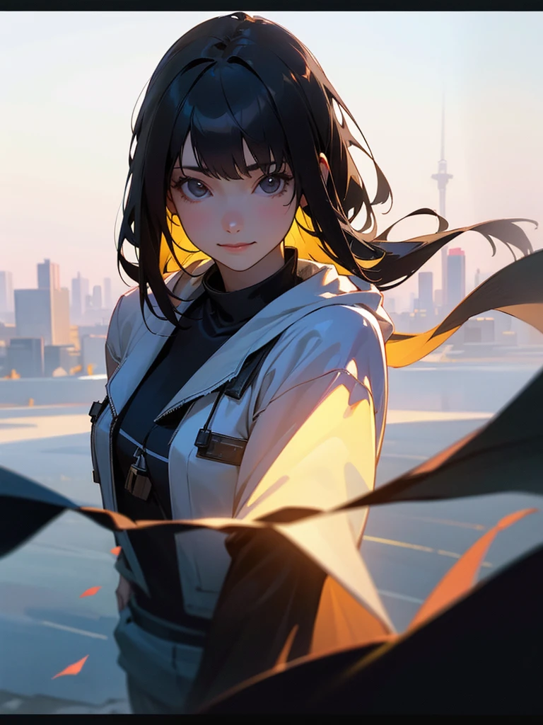 (1girl in:1.3), (Photorealistic:1.4), (masutepiece, of the highest quality, Best Quality, Official art), ighly detailed, highest details, (Ultra-detailed), ((extremely delicate and beautiful)), Cinematic Light, Contemporary, Silky long hair, (Black hair), Dystopian background, in the evening, hoody, Skirt, Upper body, Smile, (viewer&#39;Perspective:1.4), 23 years old