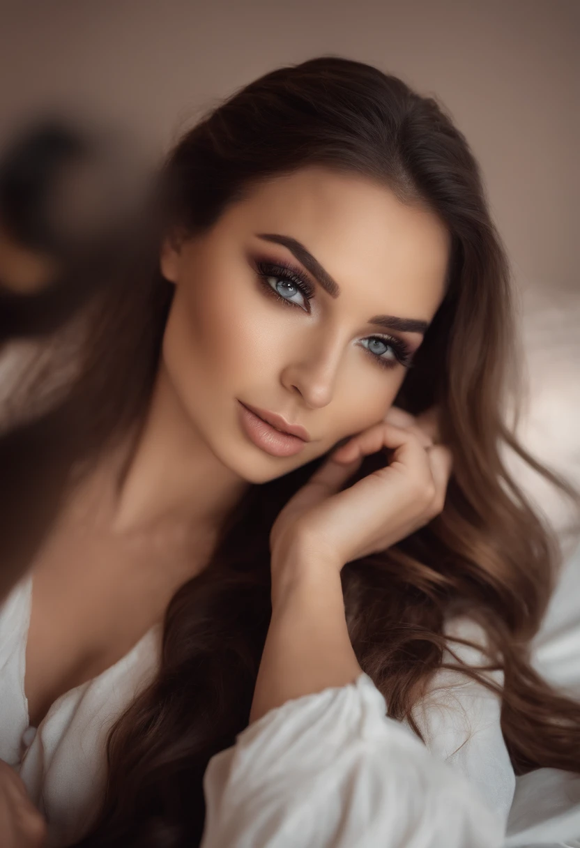 Femme Arafed complètement , fille sexy aux yeux bruns, ultra réaliste, Méticuleusement détaillé, Portrait Sophie Mudd, cheveux bruns et grands yeux, Selfie d’une jeune femme, Dubai Eyes, Violet Myers, sans maquillage, maquillage naturel, Regarder directement la caméra, Visage avec Artgram, Maquillage subtil, Superbe photo du corps entier agenouillée sur le lit, dans la chambre, Buste de taille moyenne à grande
